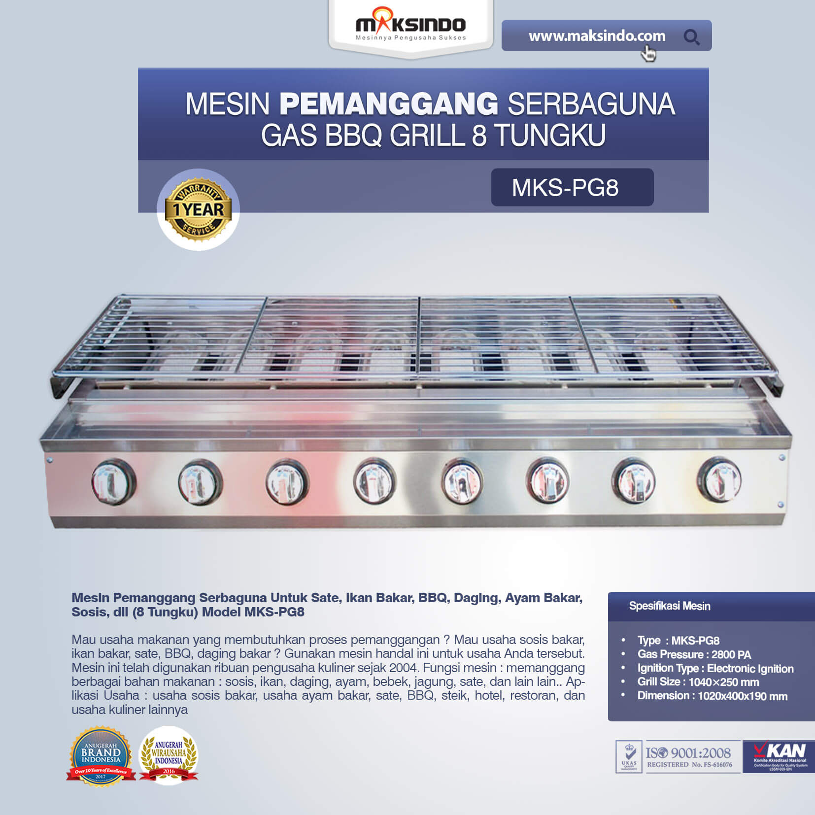 Pemanggang Serbaguna Full Stainless – Gas BBQ Grill 8 Tungku