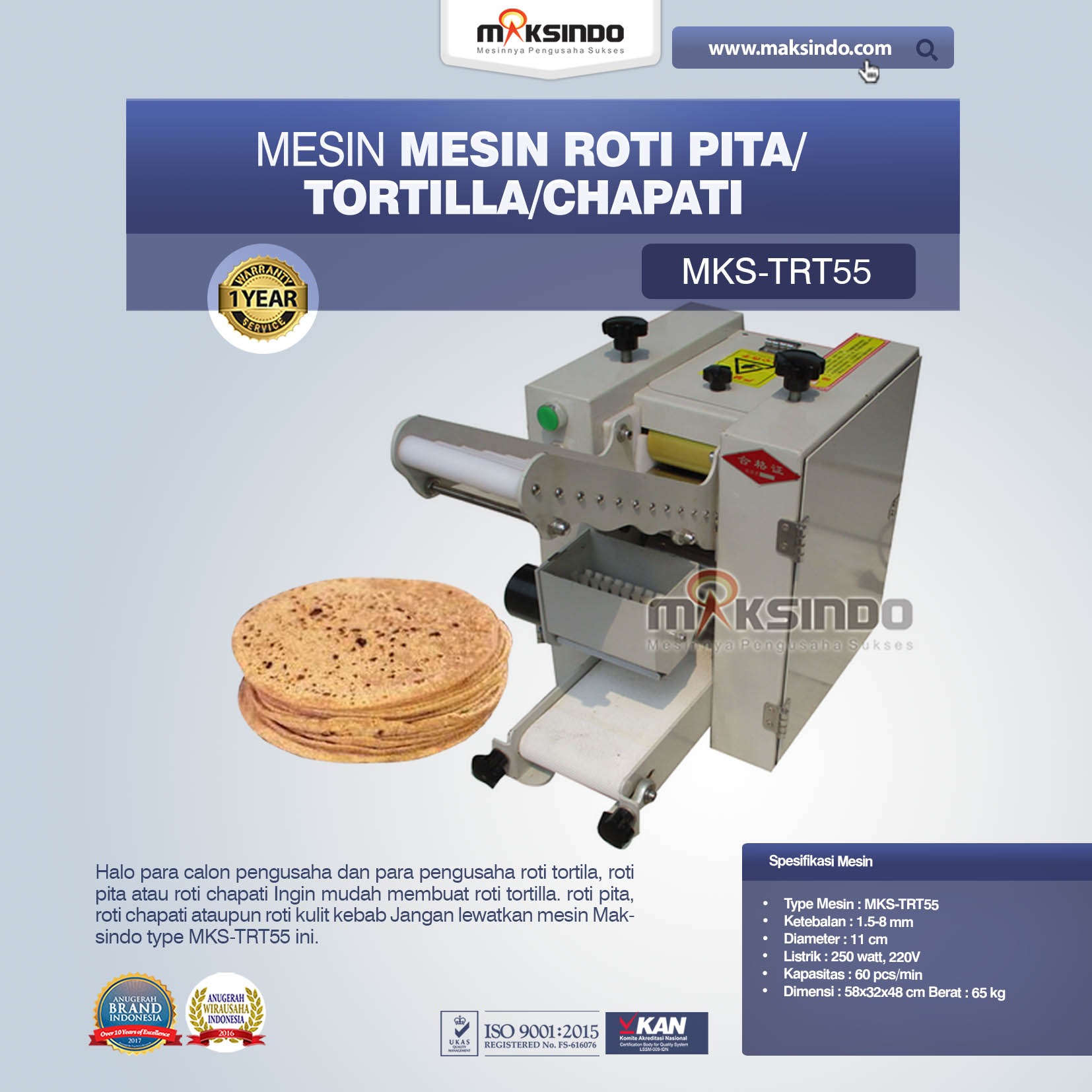 Mesin Roti Pita/Tortilla/Chapati MKS-TRT55