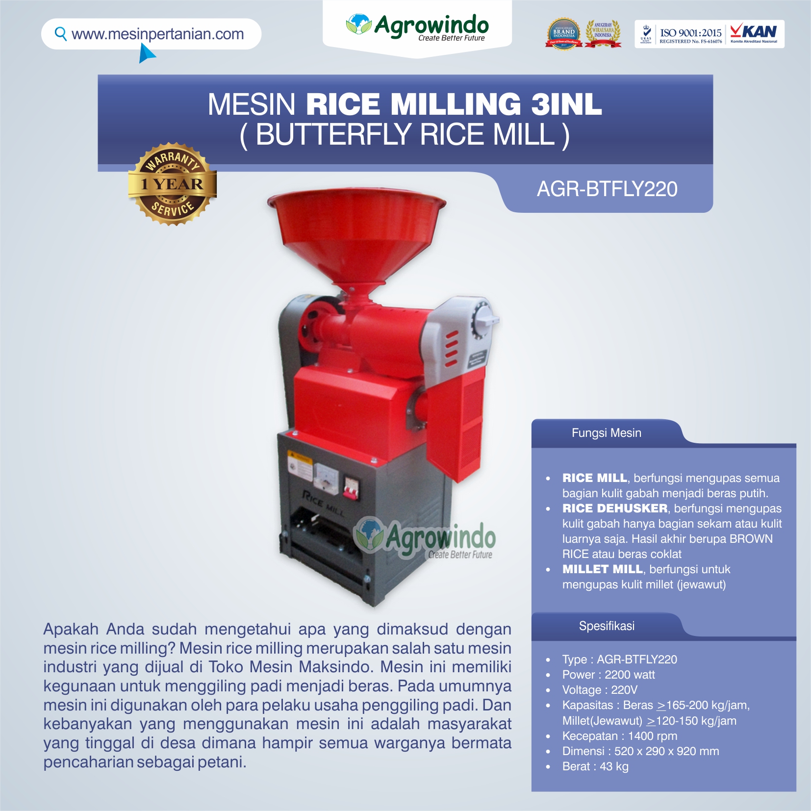 Mesin Rice Milling 3in1 (Butterfly Rice Mill) AGR-BTFLY220