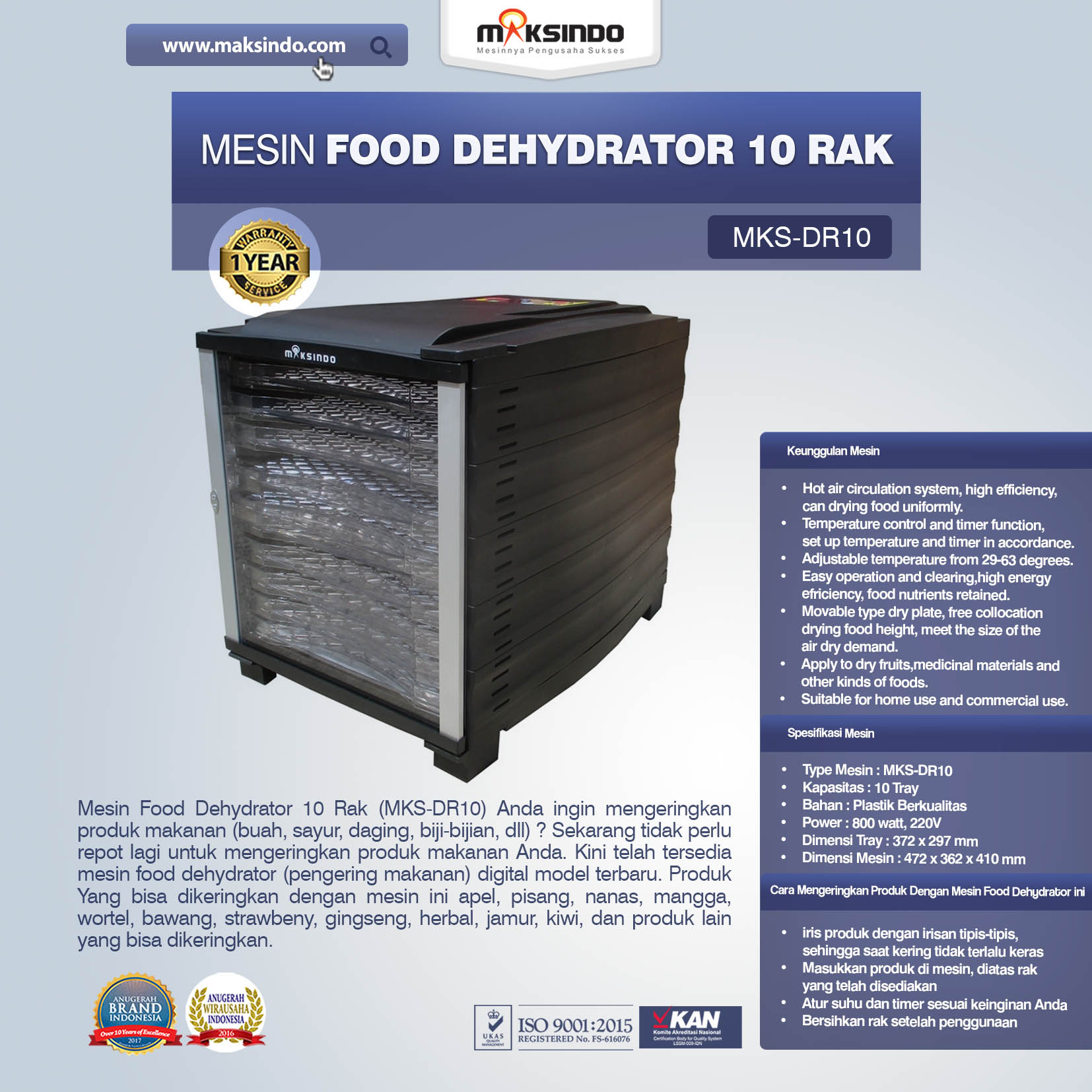 Mesin Food Dehydrator 10 Rak (MKS-DR10)
