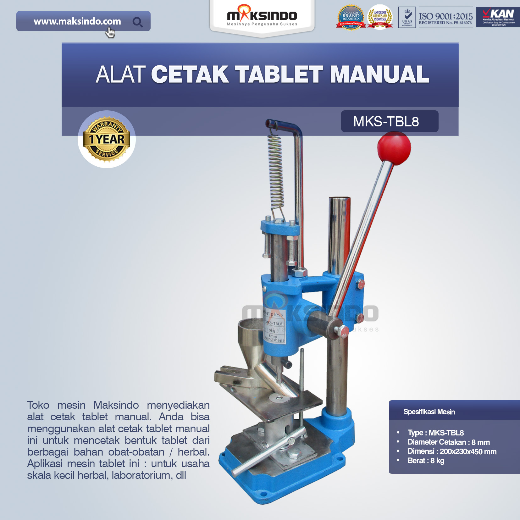 Alat Cetak Tablet Manual MKS-TBL8