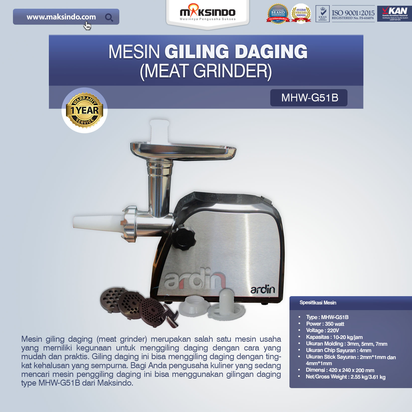 Mesin Giling Daging (Meat Grinder) MHW-G51B