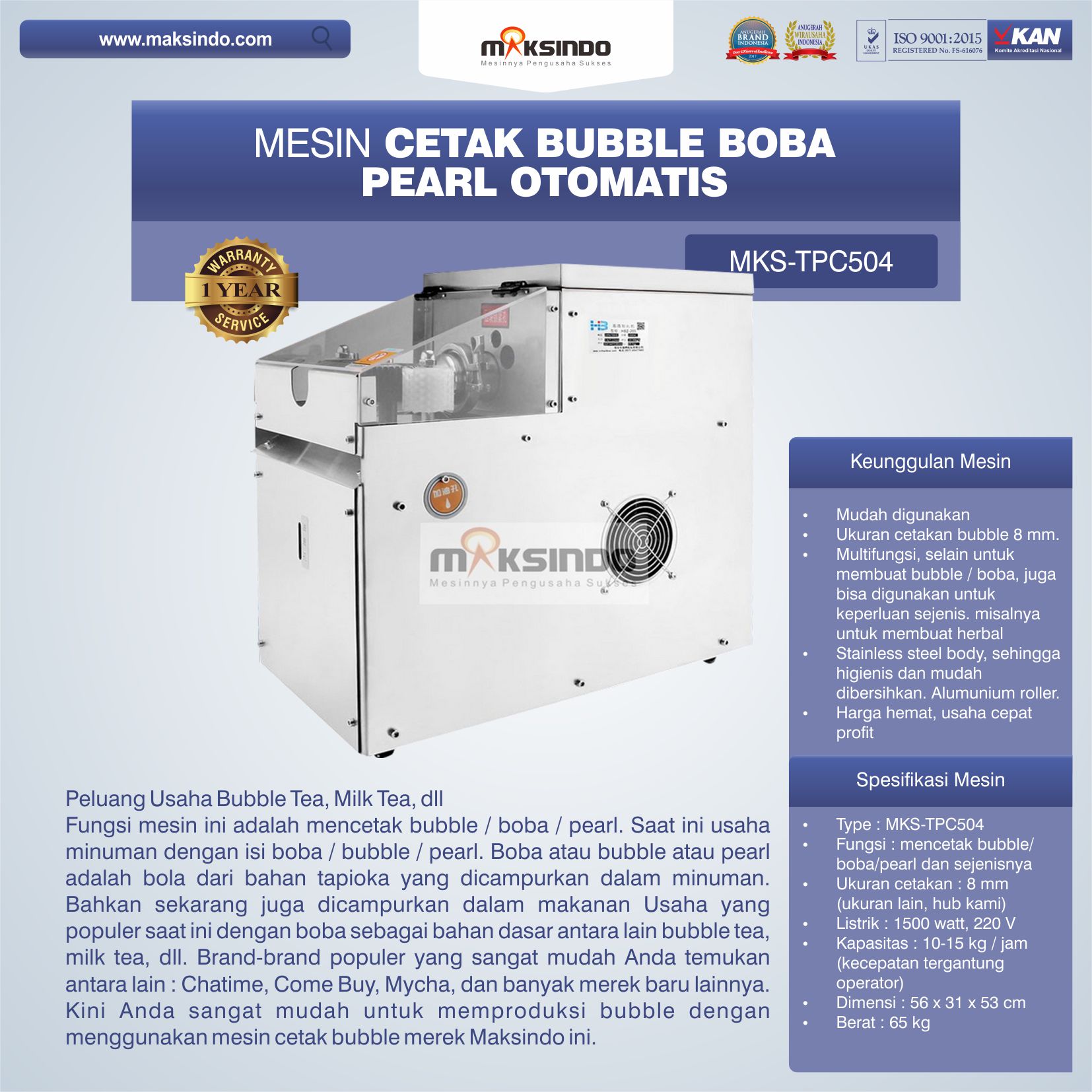 Mesin Cetak Bubble Boba Pearl Otomatis MKS-TPC504