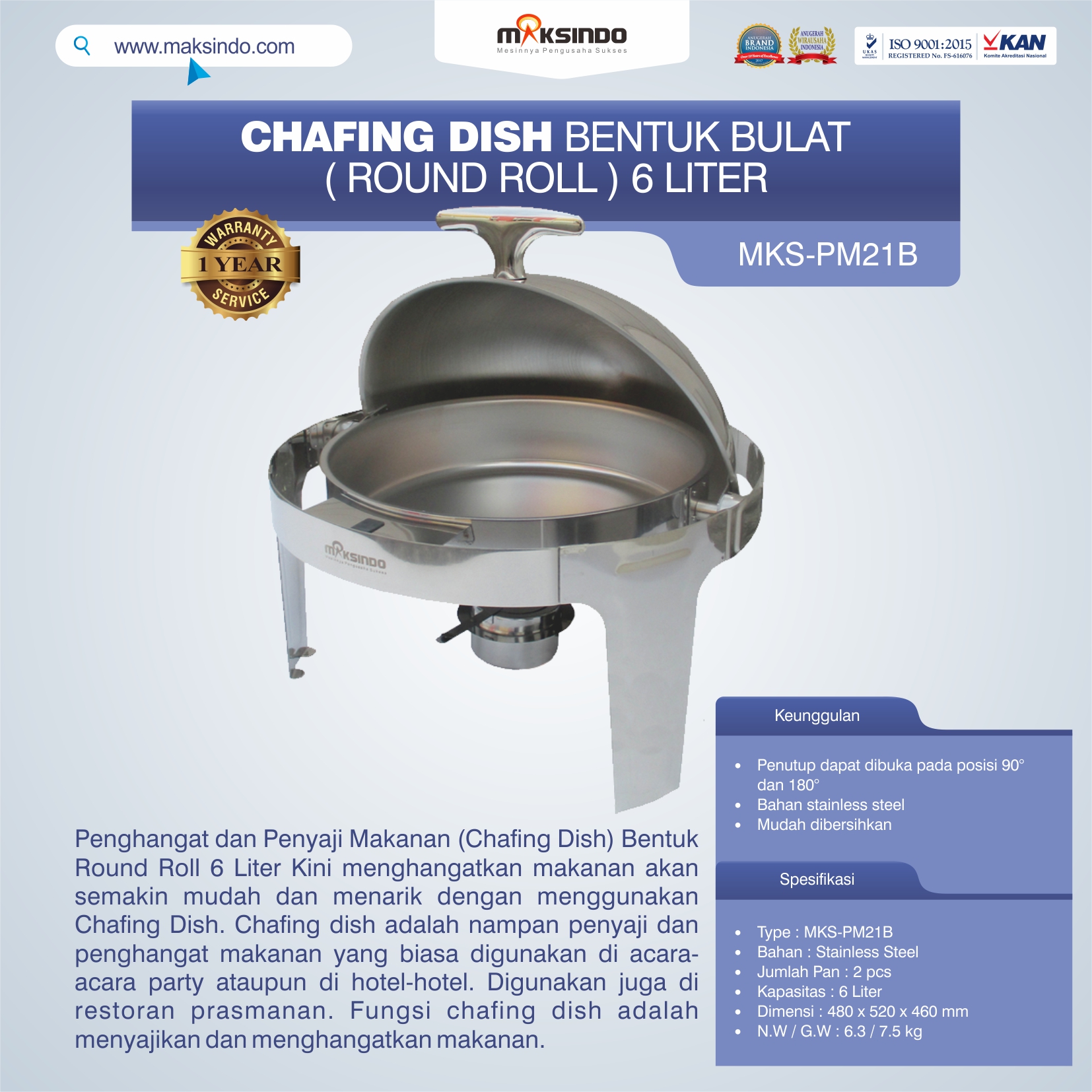 Chafing Dish Bentuk Bulat (Round Roll) 6 Liter