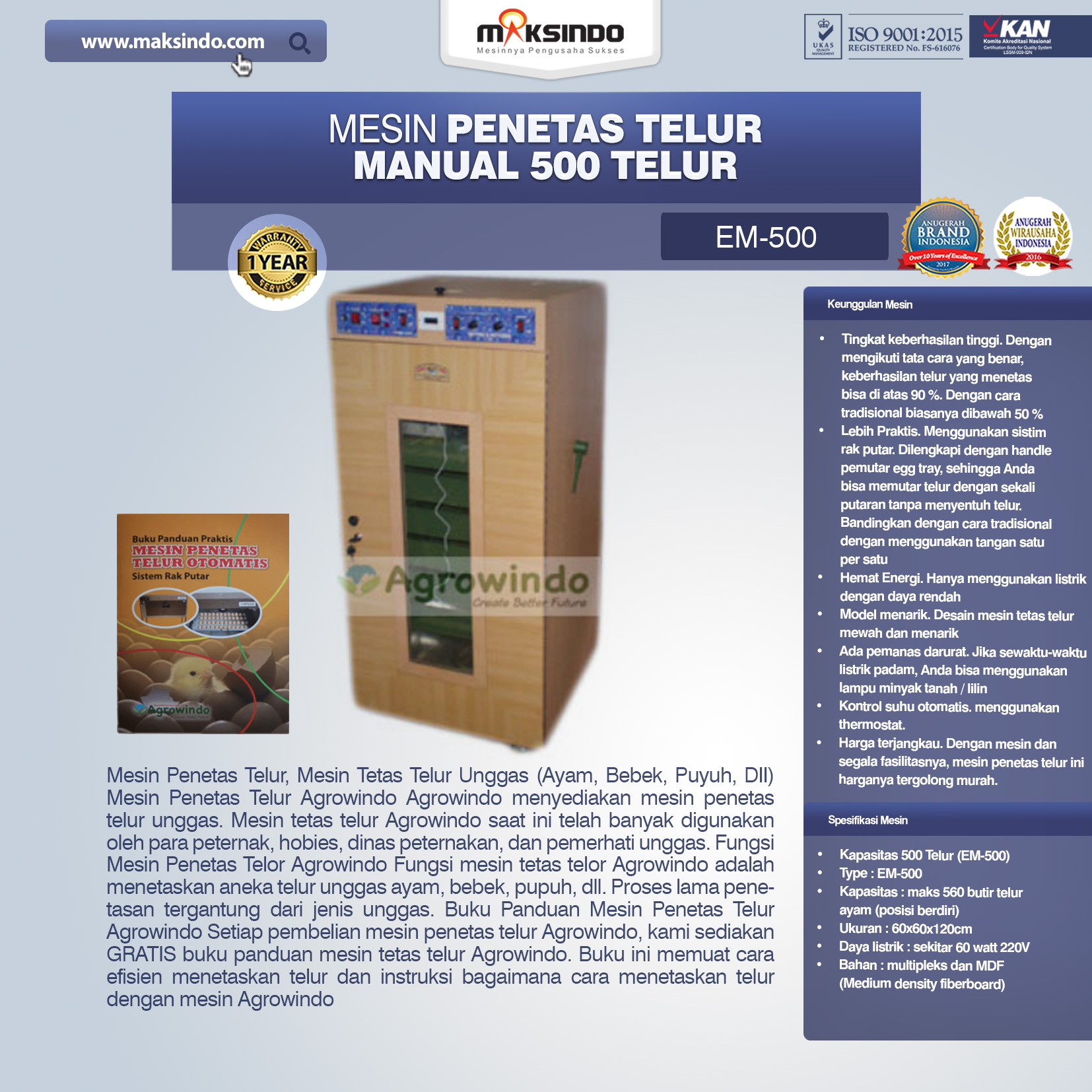 Mesin Penetas Telur Manual 500 Telur (EM-500)