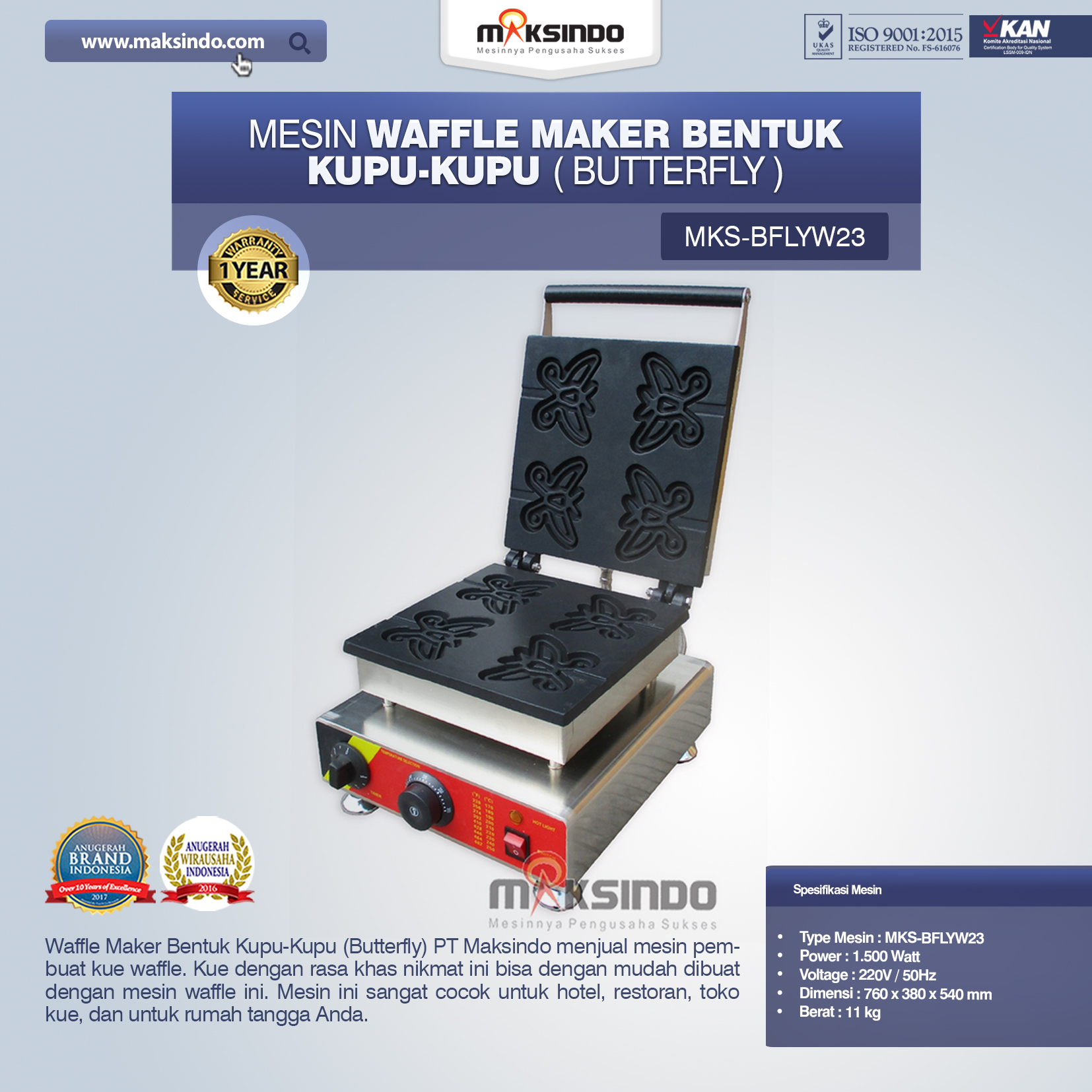Mesin Waffle Maker Bentuk Kupu-Kupu (Butterfly) MKS-BFLYW23