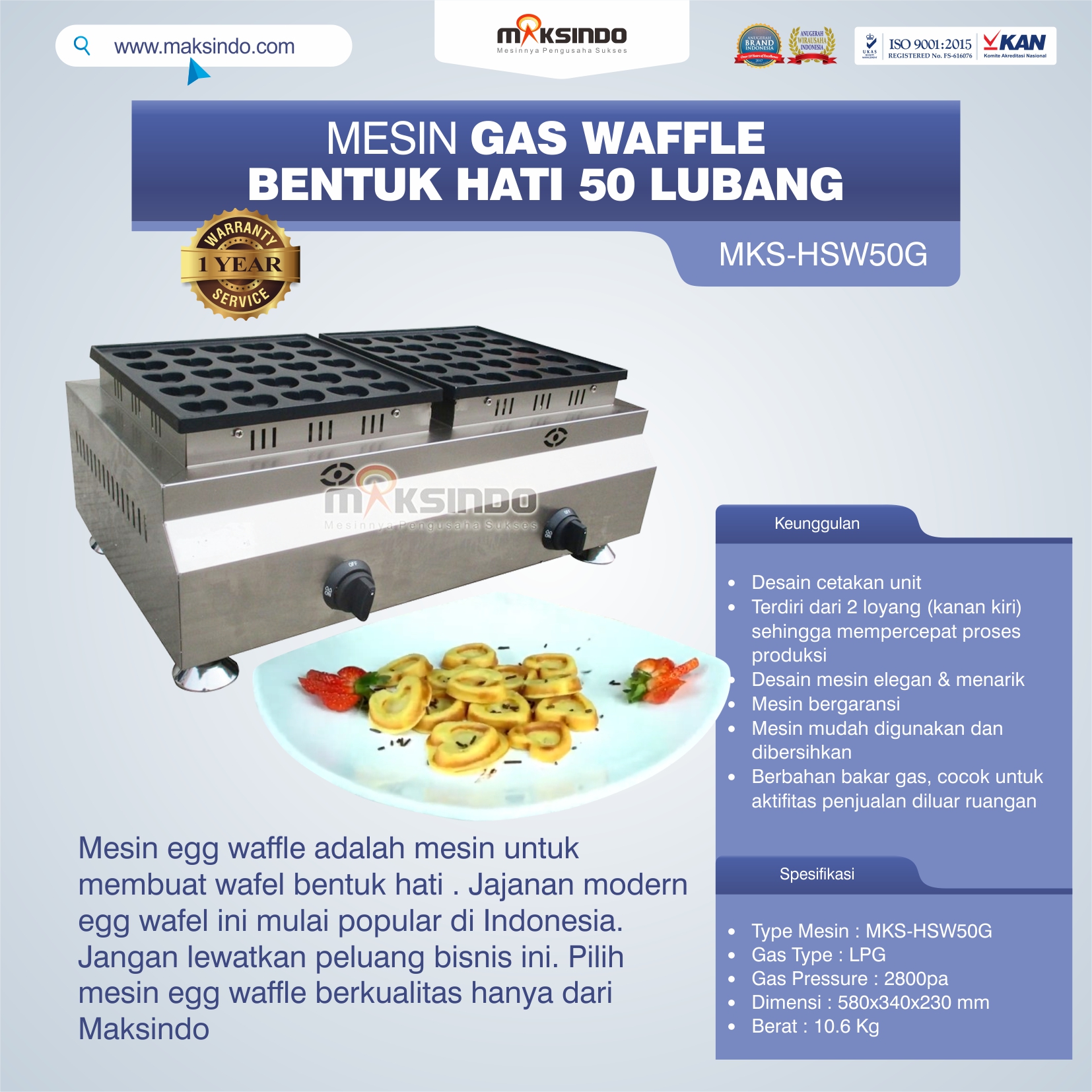 Mesin Waffle Gas Bentuk Hati 50 Lubang MKS-HSW50G