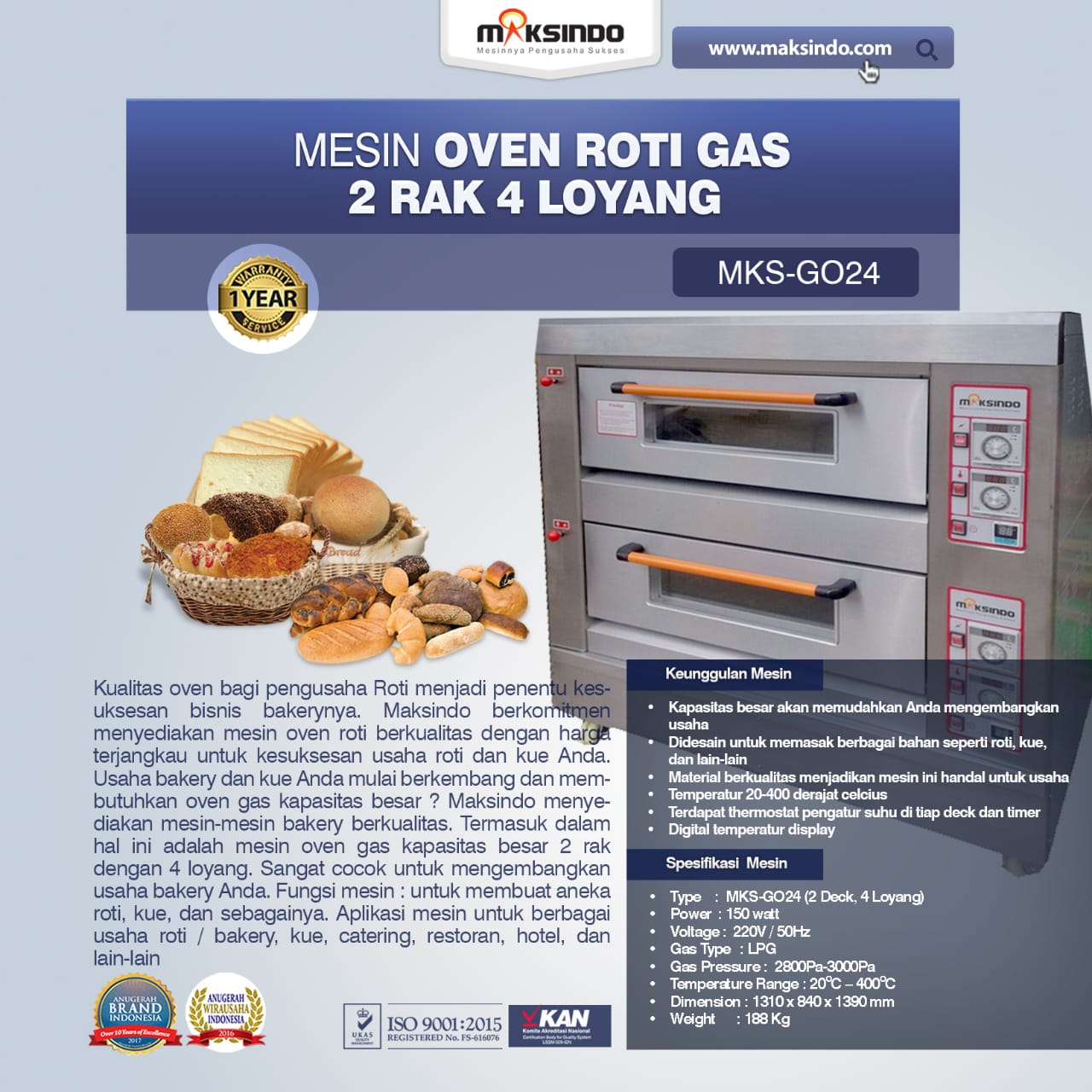 Mesin Oven Roti Gas 2 Rak 4 Loyang (GO24)