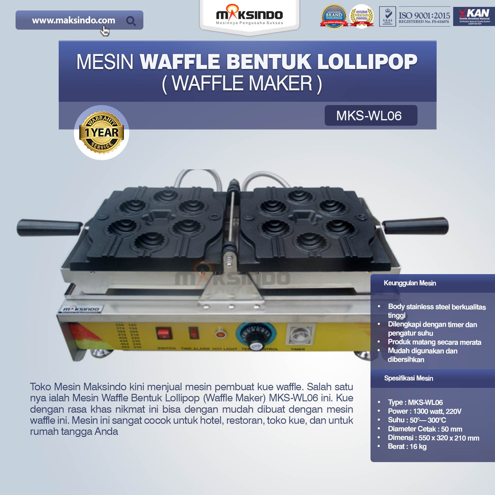 Mesin Waffle Bentuk Lollipop (Waffle Maker) MKS-WL06