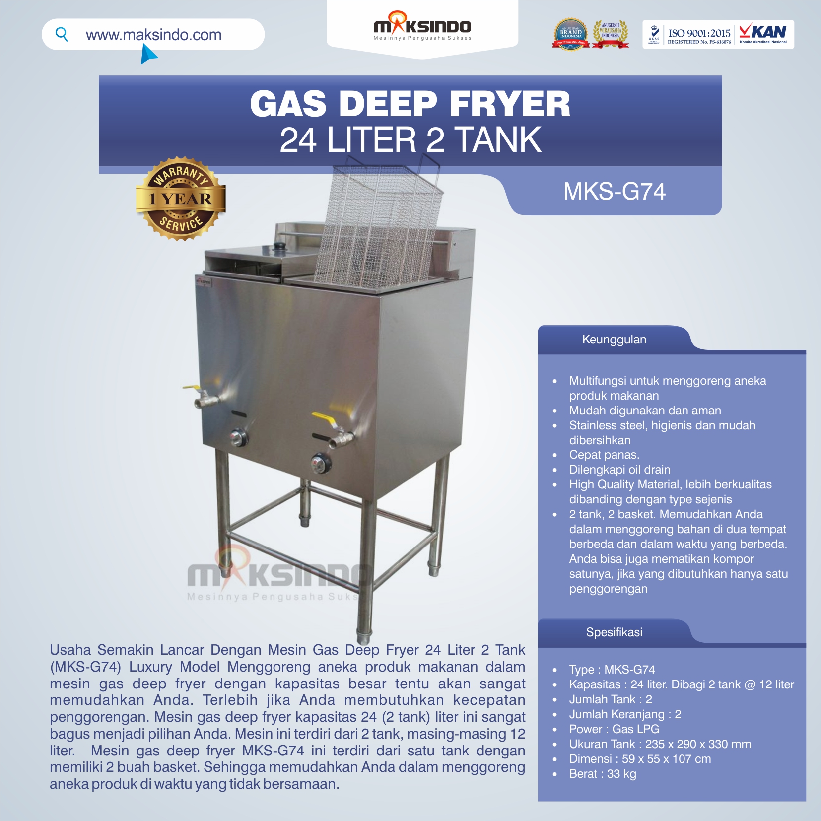 Gas Deep Fryer 24 Liter 2 Tank (G74)