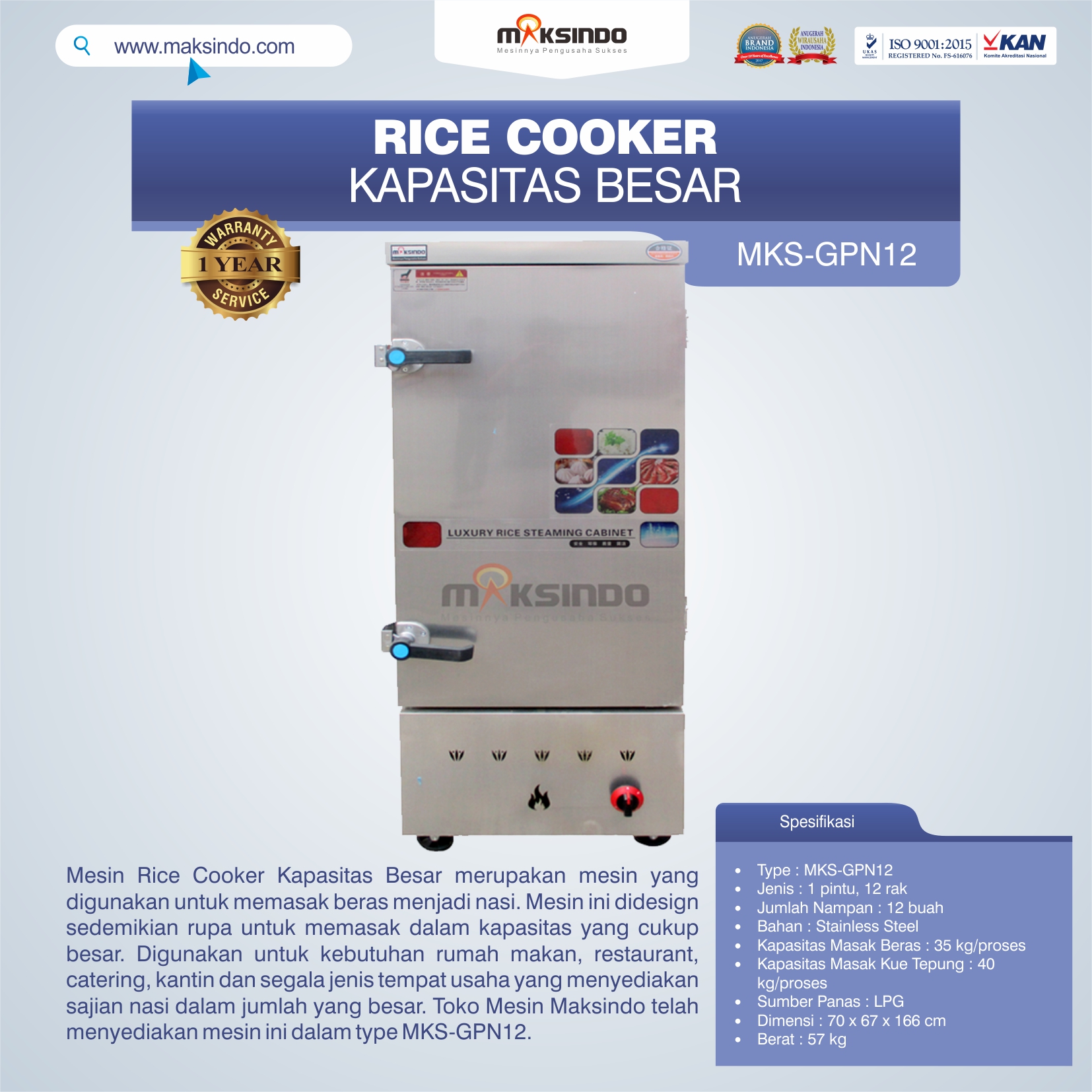 Mesin Rice Cooker Kapasitas Besar MKS-GPN12