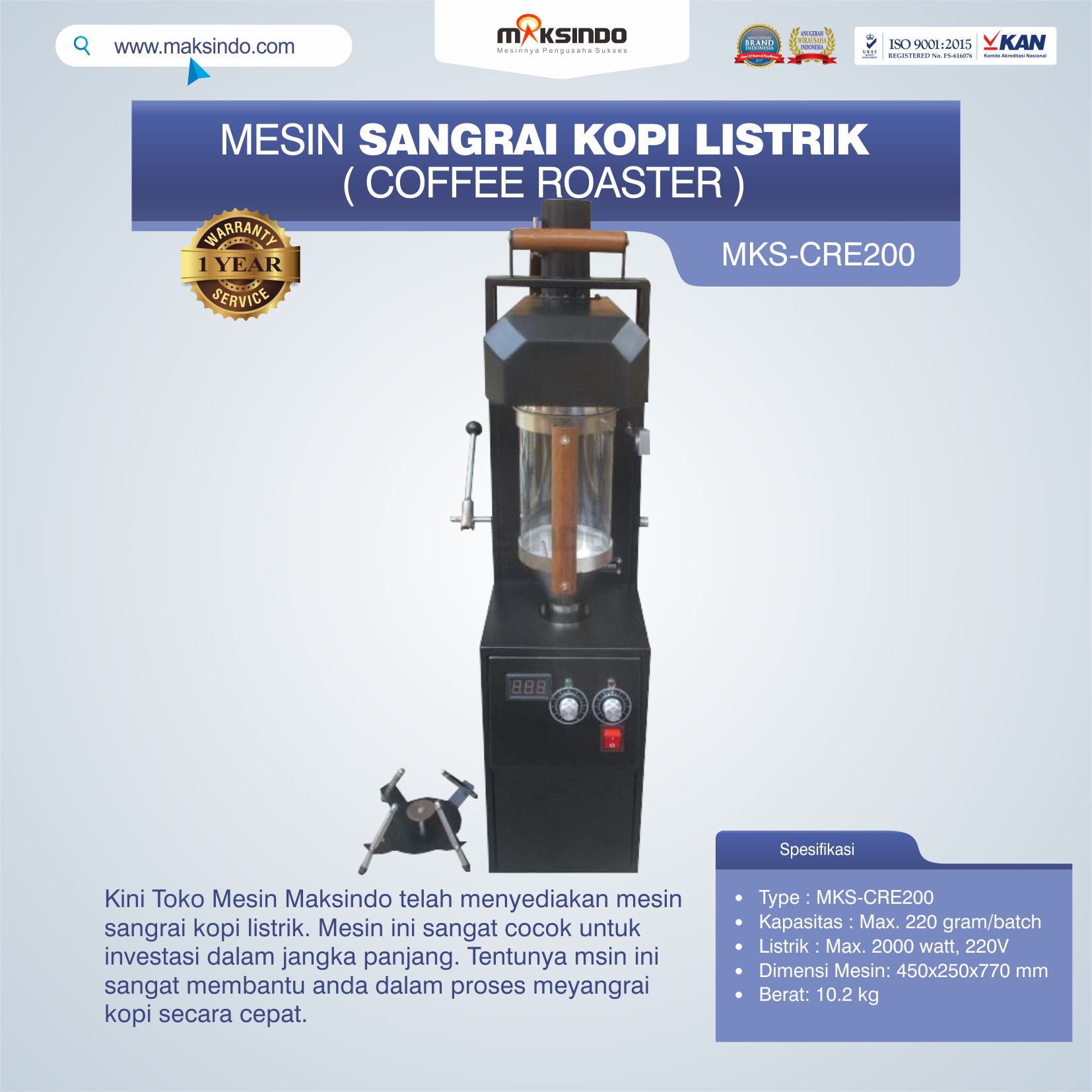 Mesin Sangrai Kopi Listrik (Coffee Roaster) MKS-CRE200